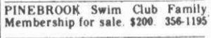 Pinebrook Swim Club - May 1975 Membership For Sale